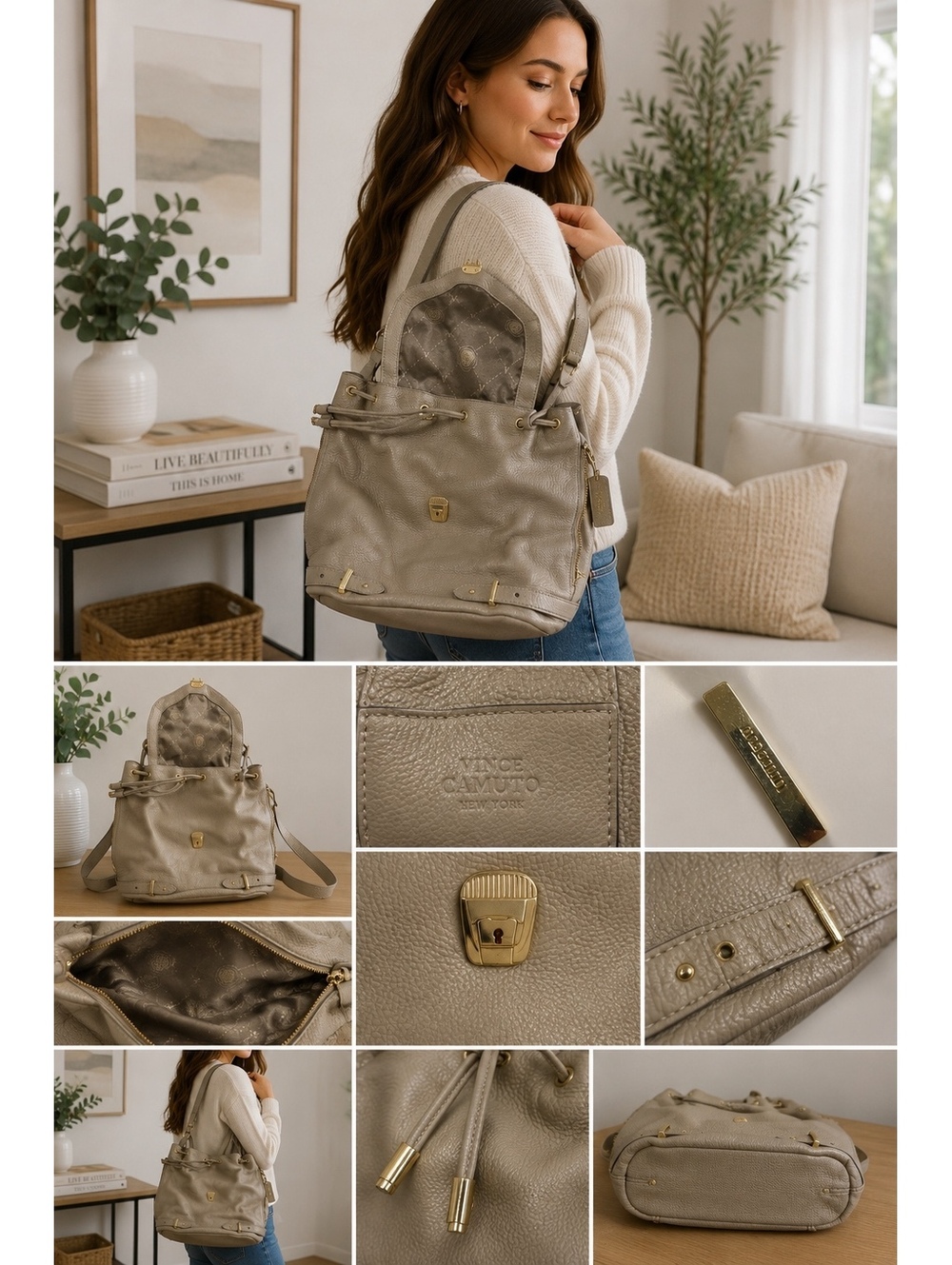 Vince Camuto Gray Pebbled Leather Drawstring Backpack Gold Hardware